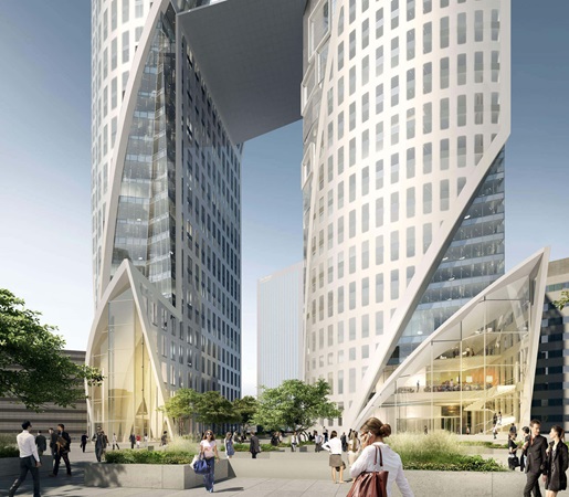  3d rendering of the main entrance to the office tower of sisters project